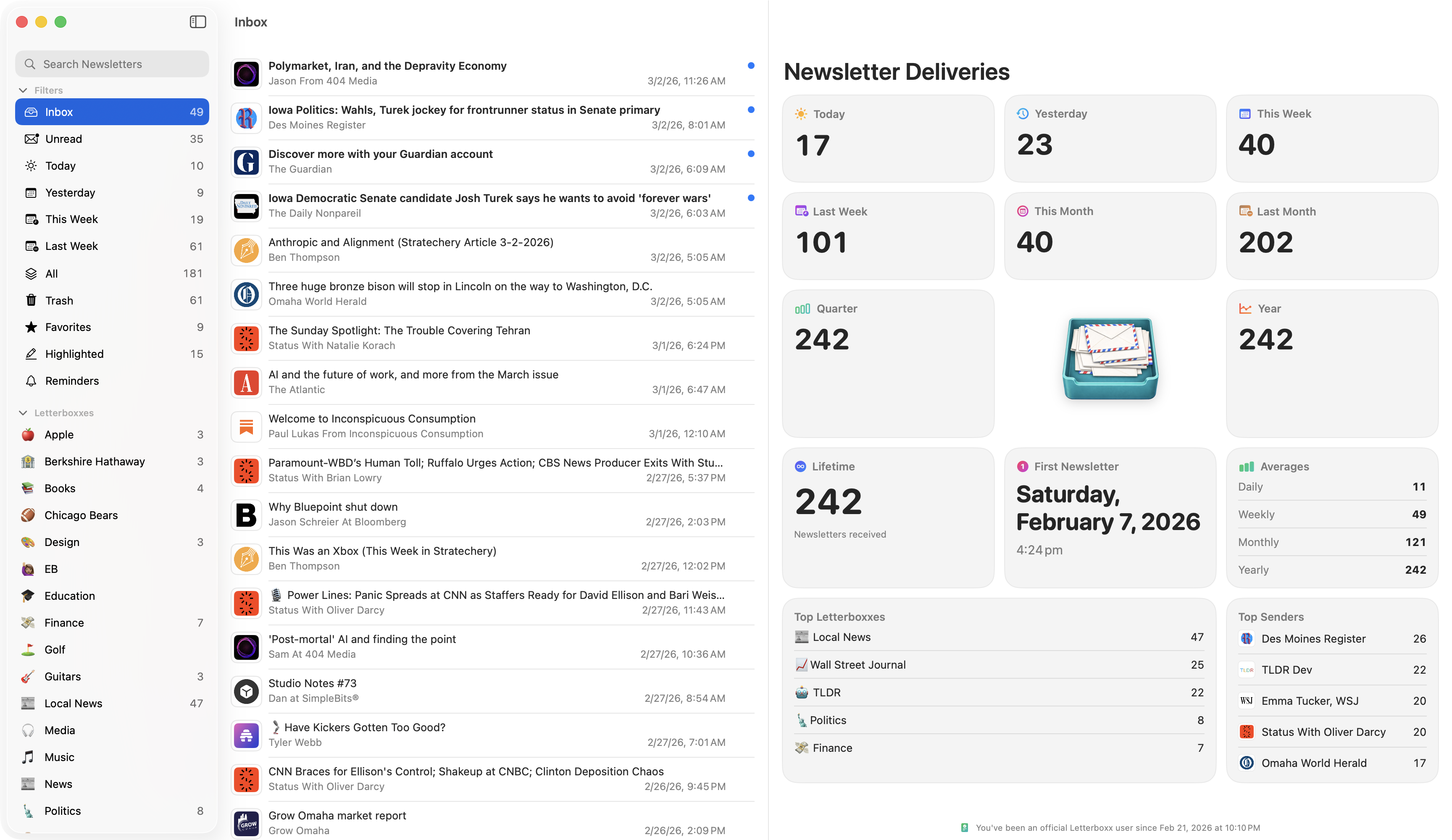 Letterboxx app interface showing newsletter inbox, letterboxes, and a dashboard